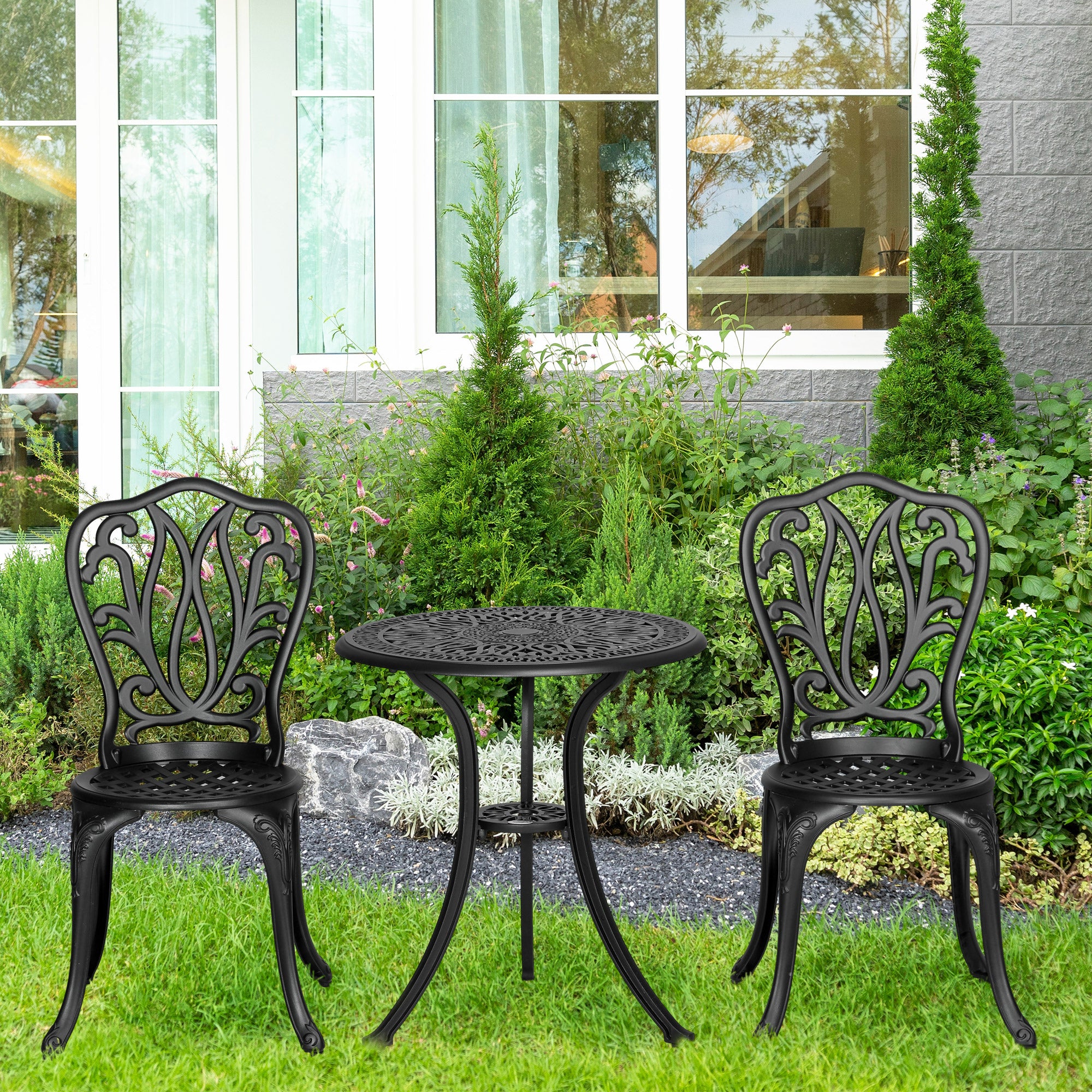 2-Seater Garden Set with 2 Chairs + Round Table in Retro Charm Style with Aluminum Cast, Black