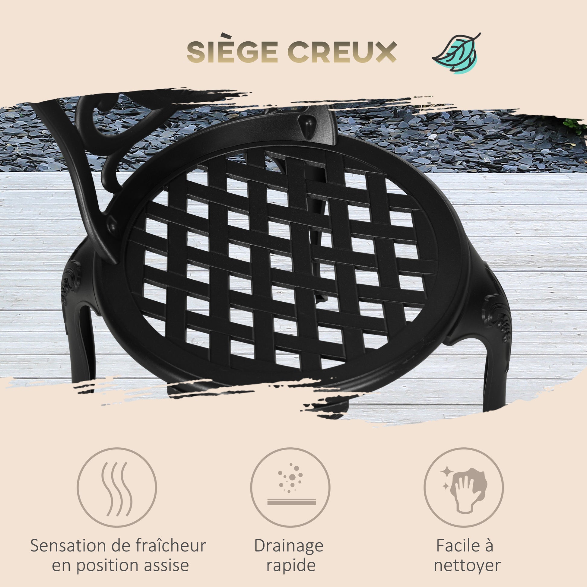 2-Seater Garden Set with 2 Chairs + Round Table in Retro Charm Style with Aluminum Cast, Black