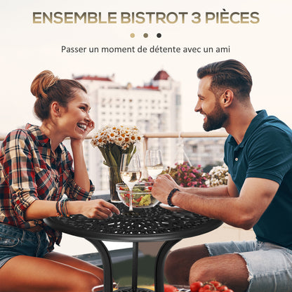 2-Seater Garden Set with 2 Chairs + Round Table in Retro Charm Style with Aluminum Cast, Black