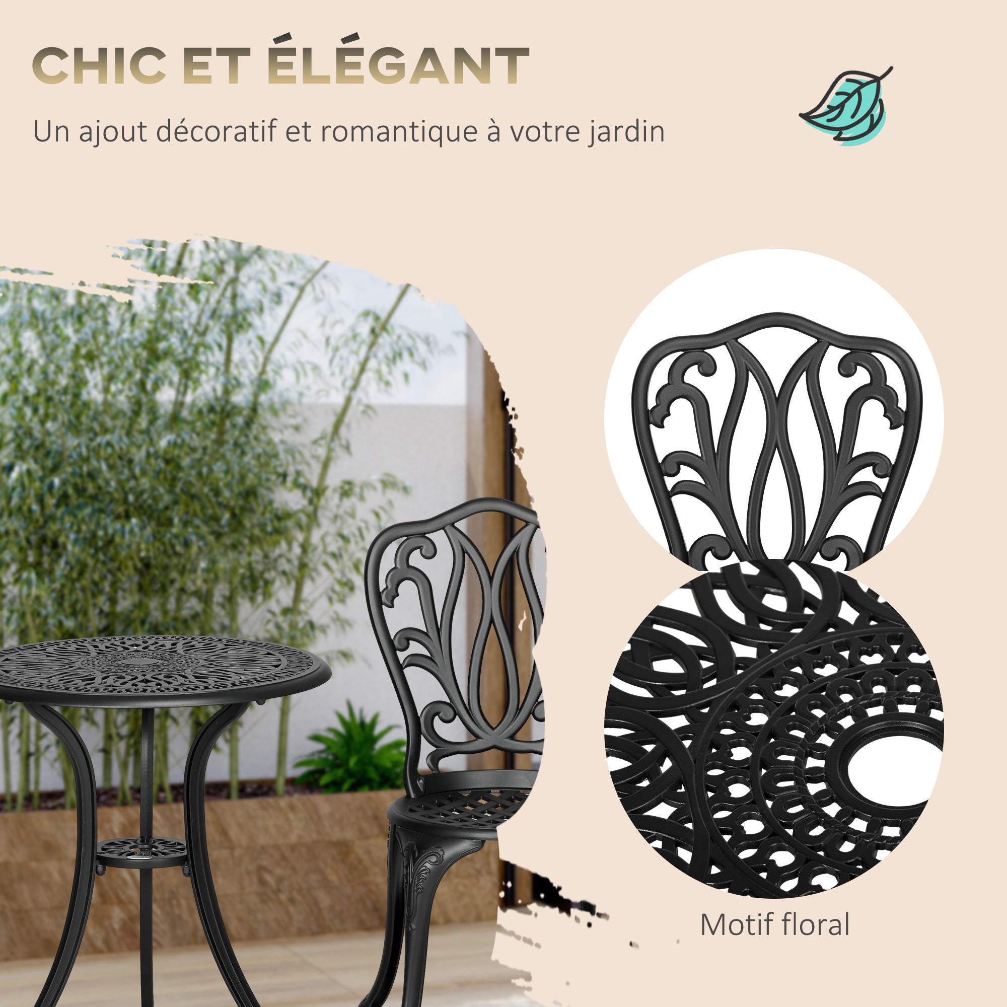 2-Seater Garden Set with 2 Chairs + Round Table in Retro Charm Style with Aluminum Cast, Black