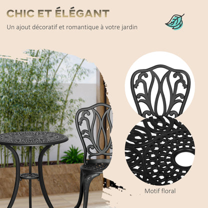 2-Seater Garden Set with 2 Chairs + Round Table in Retro Charm Style with Aluminum Cast, Black