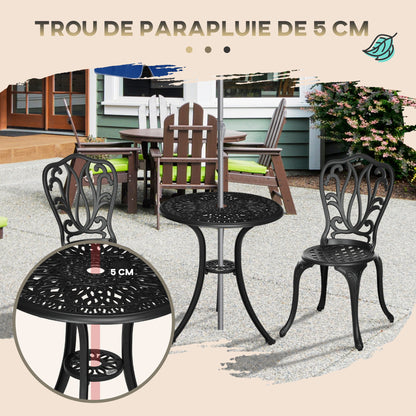 2-Seater Garden Set with 2 Chairs + Round Table in Retro Charm Style with Aluminum Cast, Black