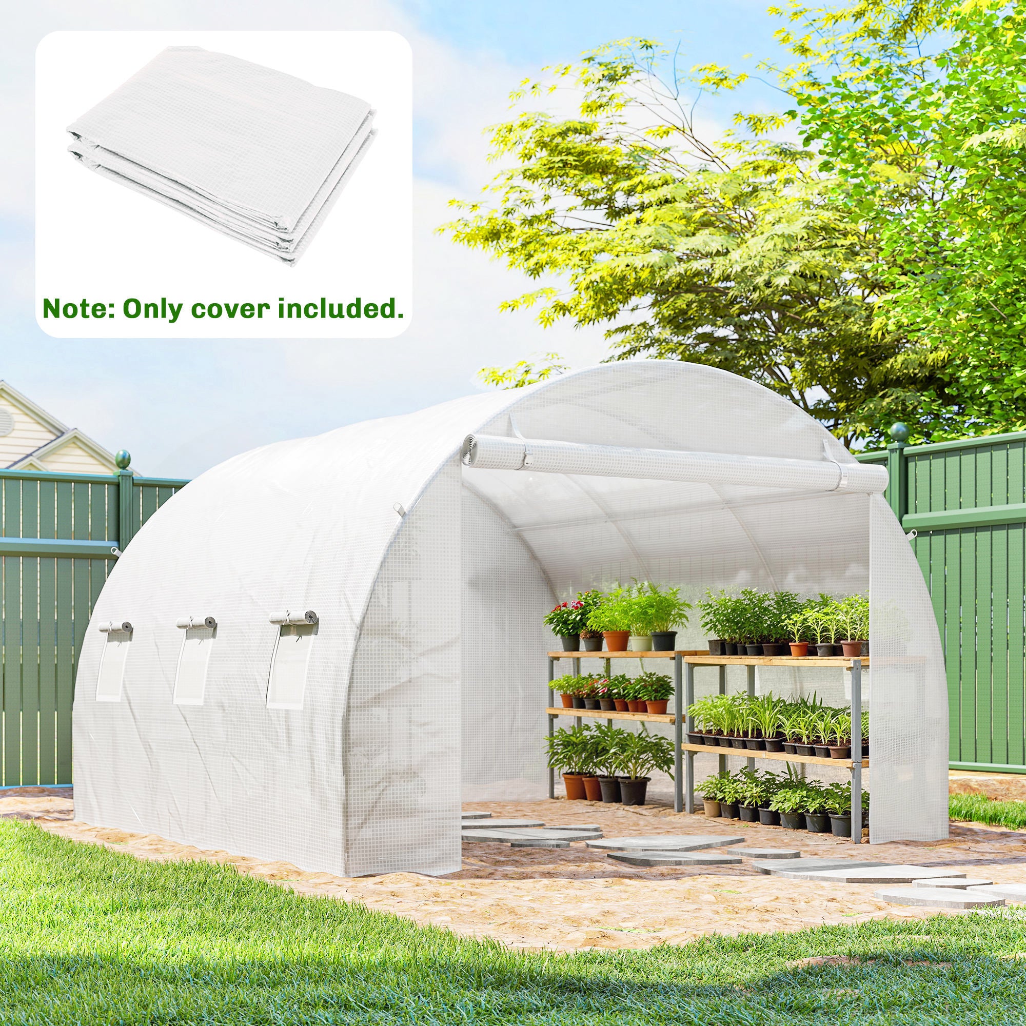 Replacement Tunnel Greenhouse Cover, 3 x 3 x 2 m (9.8 x 9.8 x 6.6 ft) — PE Waterproof, UV-Resistant, 6 Roll-Up Windows + Zip Roll Door, White
