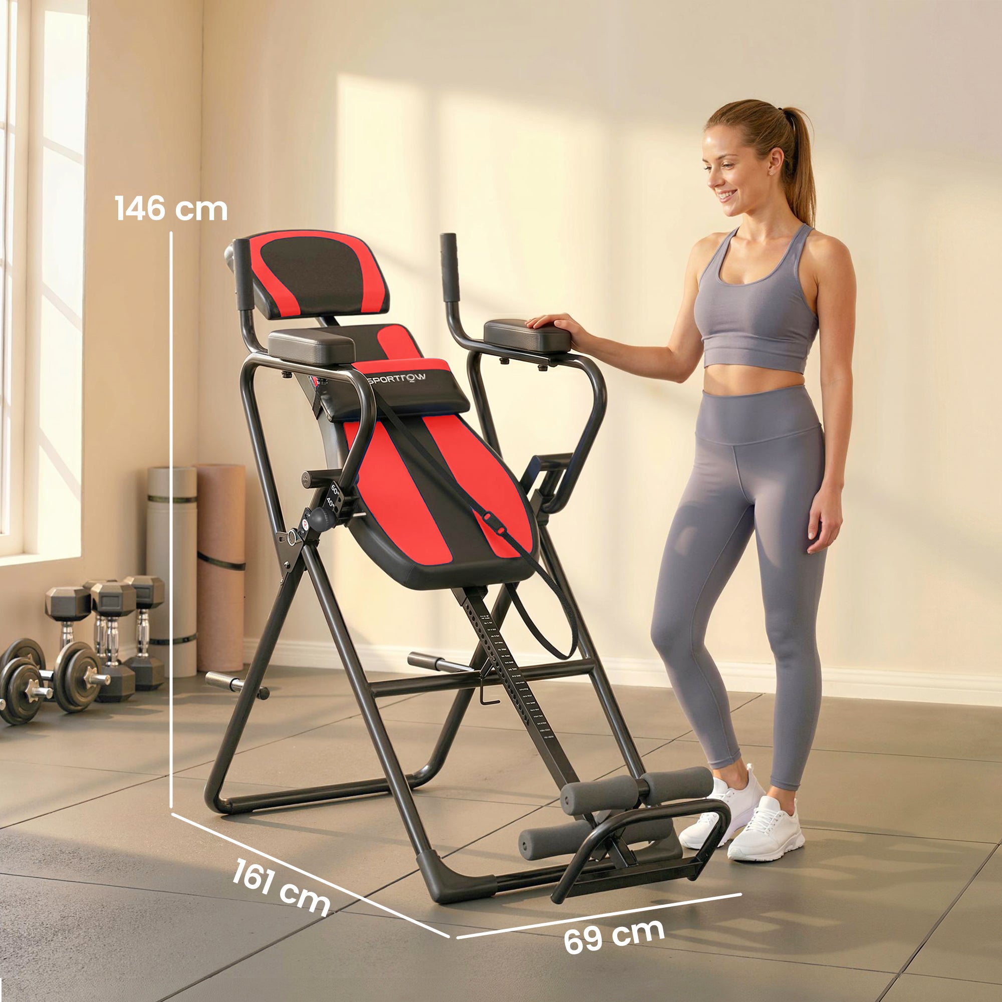 SPORTNOW 3-in-1 Foldable Inversion Table with Adjustable Headrest (61–78 in), Pull-Up & Push-Up Bars, 20°/40°/60° Angles, Lumbar Support, Ankle Lock — Red