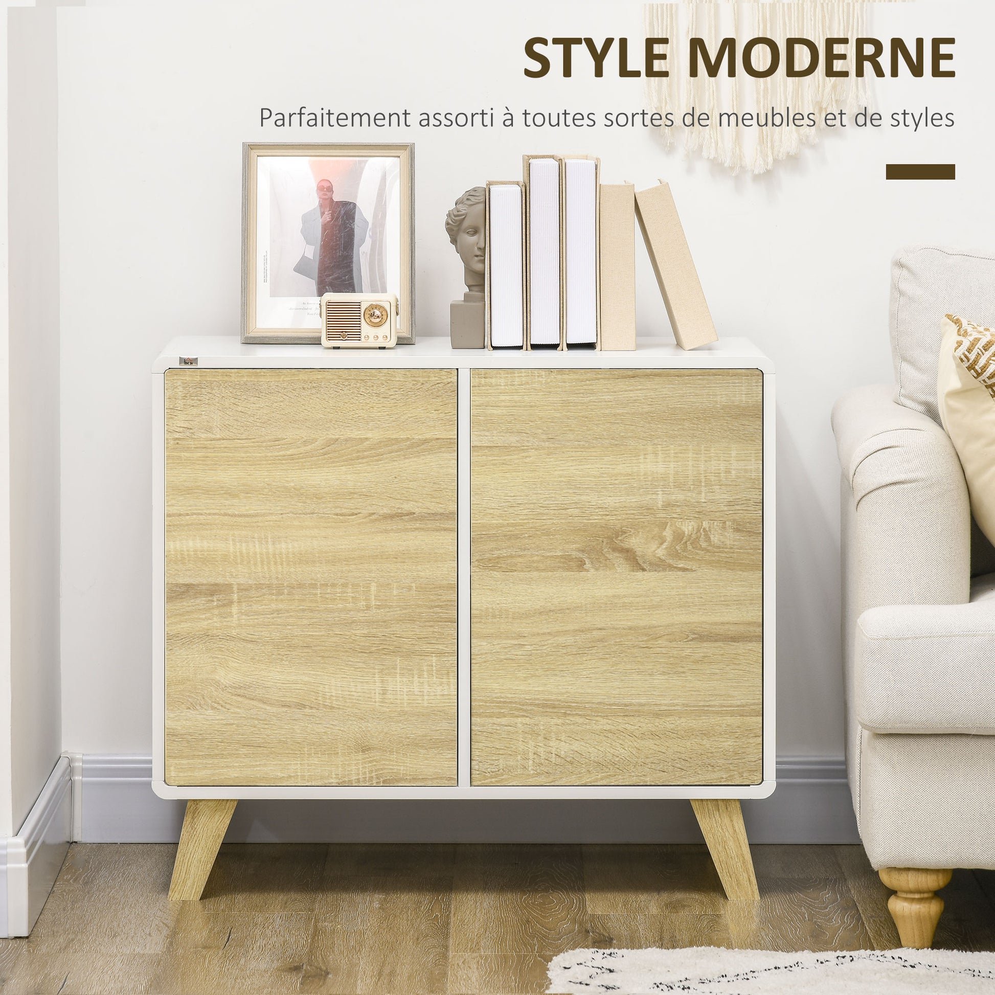 Storage Cabinet Sideboard Buffet Kitchen with 2 Doors and 2 Adjustable Shelves - White and Wood Effect - 80 x 40 x 70 cm