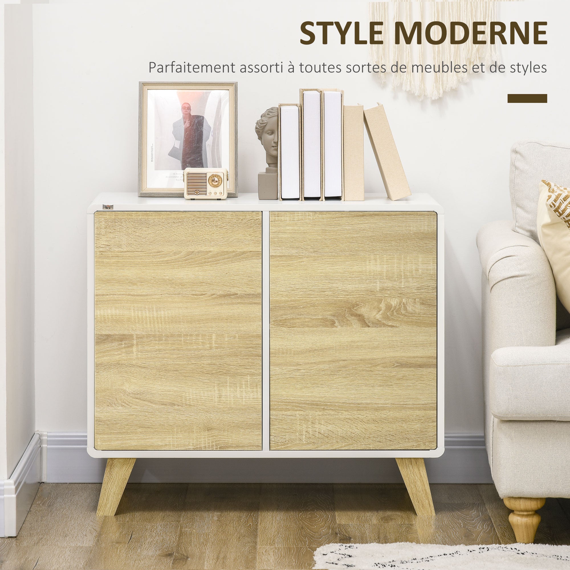 Storage Cabinet Sideboard Buffet Kitchen with 2 Doors and 2 Adjustable Shelves - White and Wood Effect - 80 x 40 x 70 cm