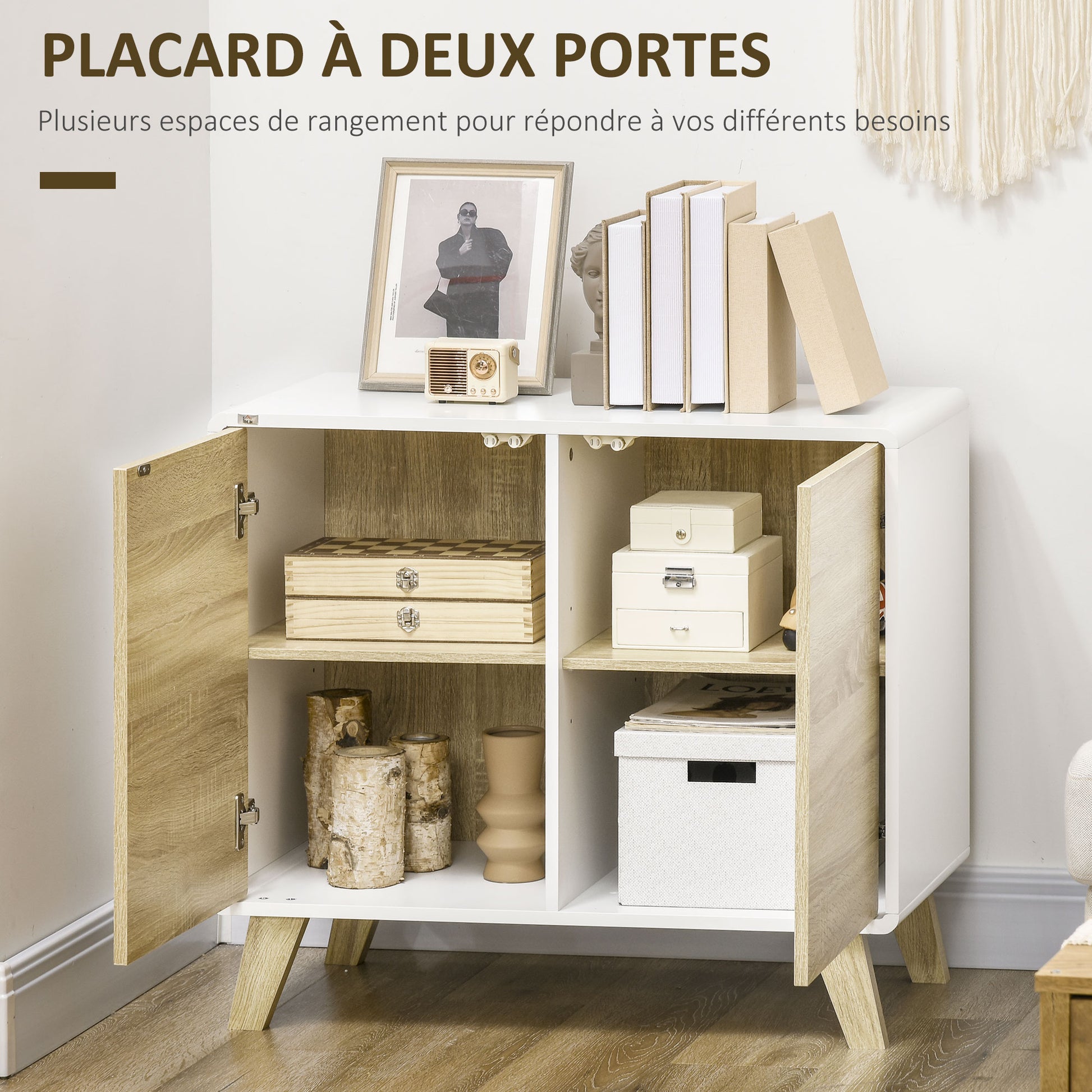 Storage Cabinet Sideboard Buffet Kitchen with 2 Doors and 2 Adjustable Shelves - White and Wood Effect - 80 x 40 x 70 cm