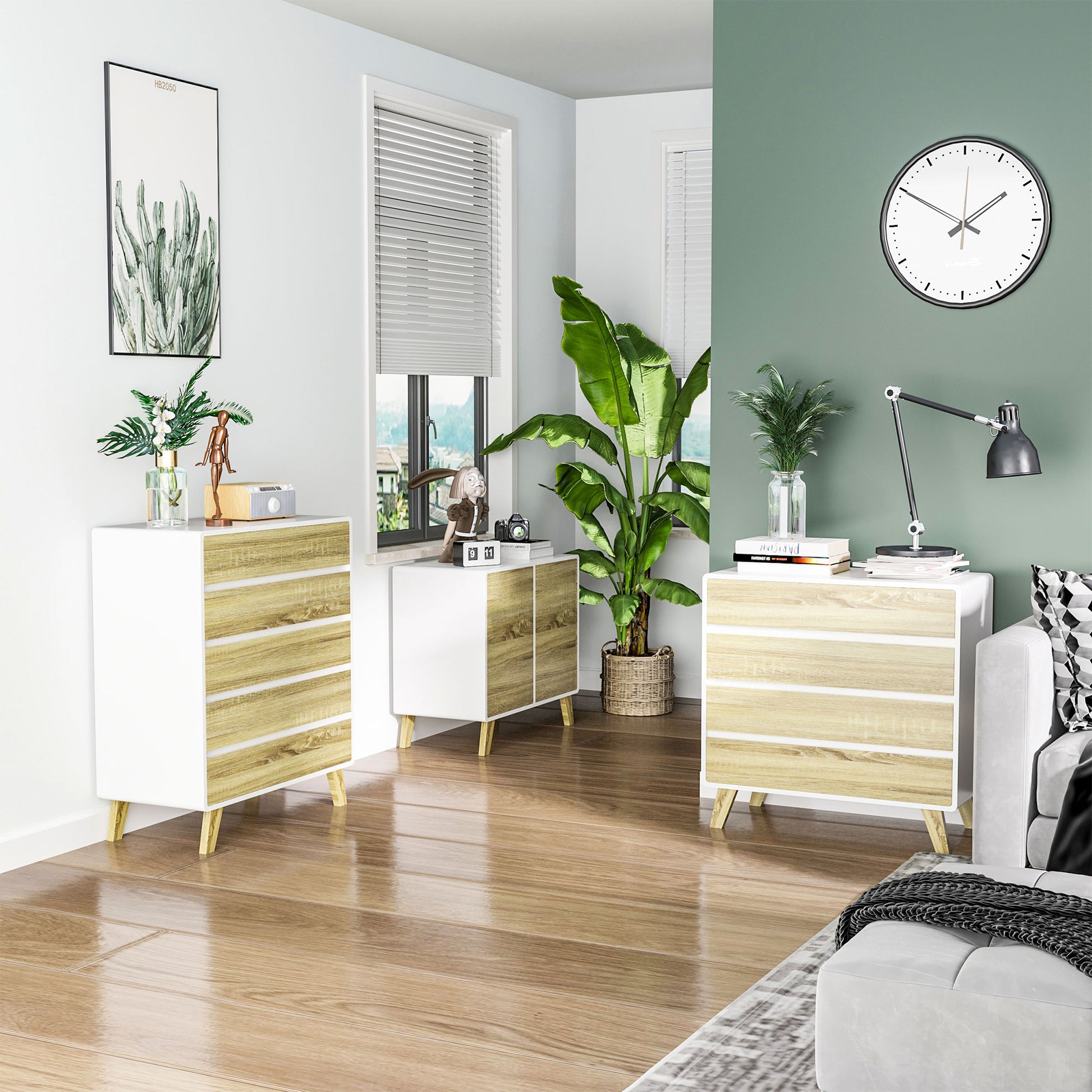 Storage Cabinet Sideboard Buffet Kitchen with 2 Doors and 2 Adjustable Shelves - White and Wood Effect - 80 x 40 x 70 cm