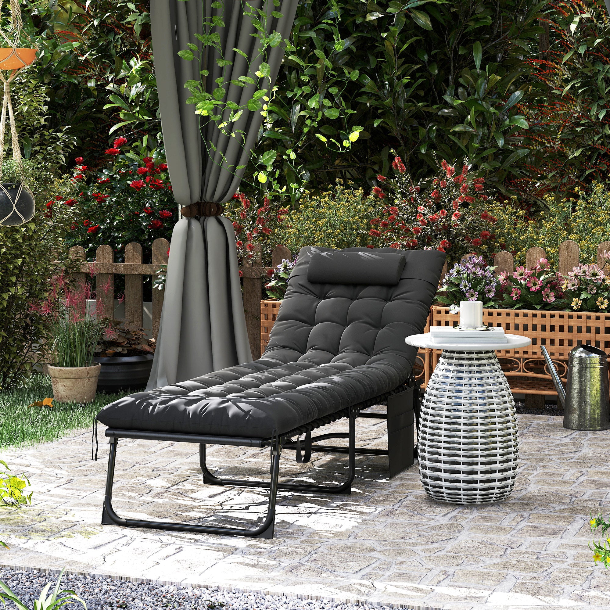 Sun Lounger, folding chaise longue with cushion, headrest, side pocket, textilene, reclining outdoor garden lounger for beach camping pool terrace 58 x 189 x 32.5 cm black