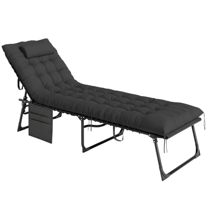 Sun Lounger, folding chaise longue with cushion, headrest, side pocket, textilene, reclining outdoor garden lounger for beach camping pool terrace 58 x 189 x 32.5 cm black