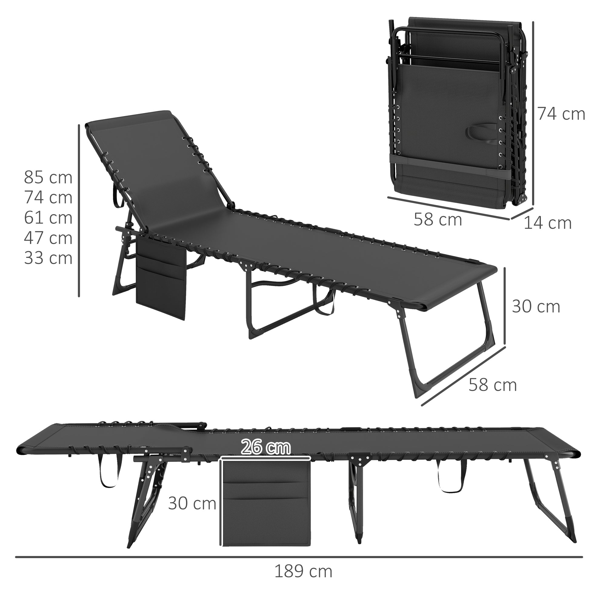 Sun Lounger, folding chaise longue with cushion, headrest, side pocket, textilene, reclining outdoor garden lounger for beach camping pool terrace 58 x 189 x 32.5 cm black