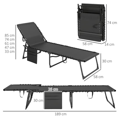 Sun Lounger, folding chaise longue with cushion, headrest, side pocket, textilene, reclining outdoor garden lounger for beach camping pool terrace 58 x 189 x 32.5 cm black