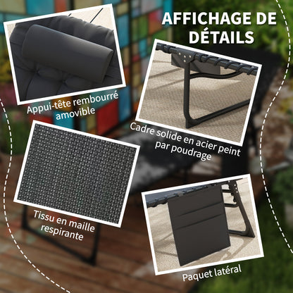 Sun Lounger, folding chaise longue with cushion, headrest, side pocket, textilene, reclining outdoor garden lounger for beach camping pool terrace 58 x 189 x 32.5 cm black