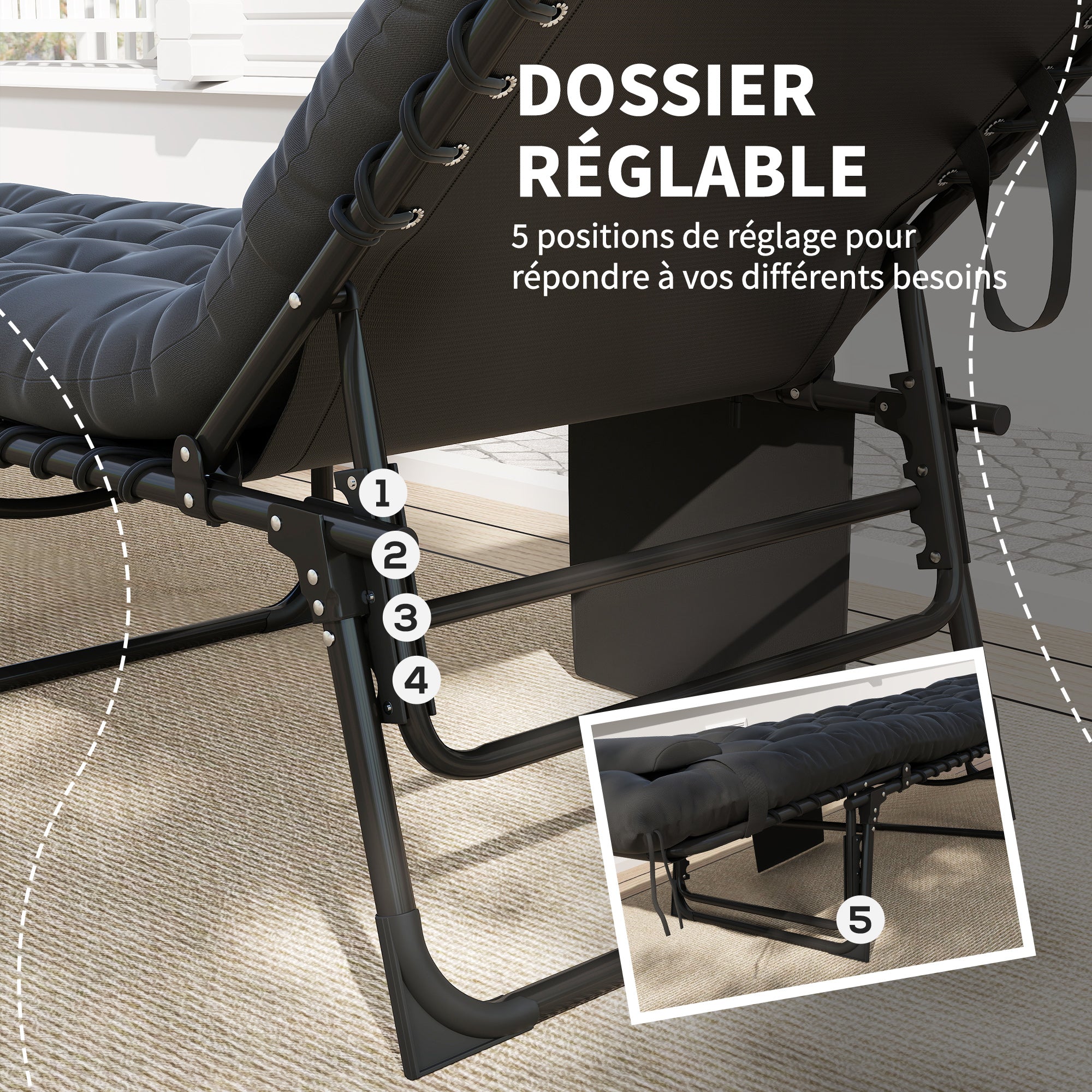 Sun Lounger, folding chaise longue with cushion, headrest, side pocket, textilene, reclining outdoor garden lounger for beach camping pool terrace 58 x 189 x 32.5 cm black