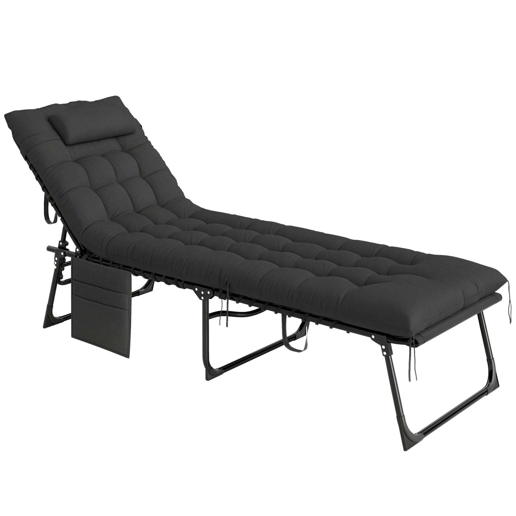 Sun Lounger, folding chaise longue with cushion, headrest, side pocket, textilene, reclining outdoor garden lounger for beach camping pool terrace 58 x 189 x 32.5 cm black