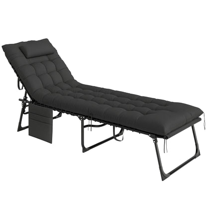Sun Lounger, folding chaise longue with cushion, headrest, side pocket, textilene, reclining outdoor garden lounger for beach camping pool terrace 58 x 189 x 32.5 cm black
