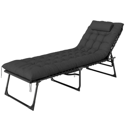 Sun Lounger, folding chaise longue with cushion, headrest, side pocket, textilene, reclining outdoor garden lounger for beach camping pool terrace 58 x 189 x 32.5 cm black