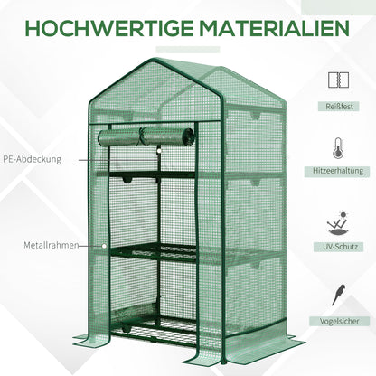 Mini Greenhouse Propagation Greenhouse with Film Cover and 3 Shelf Racks Roll-up Door Vegetable Bed