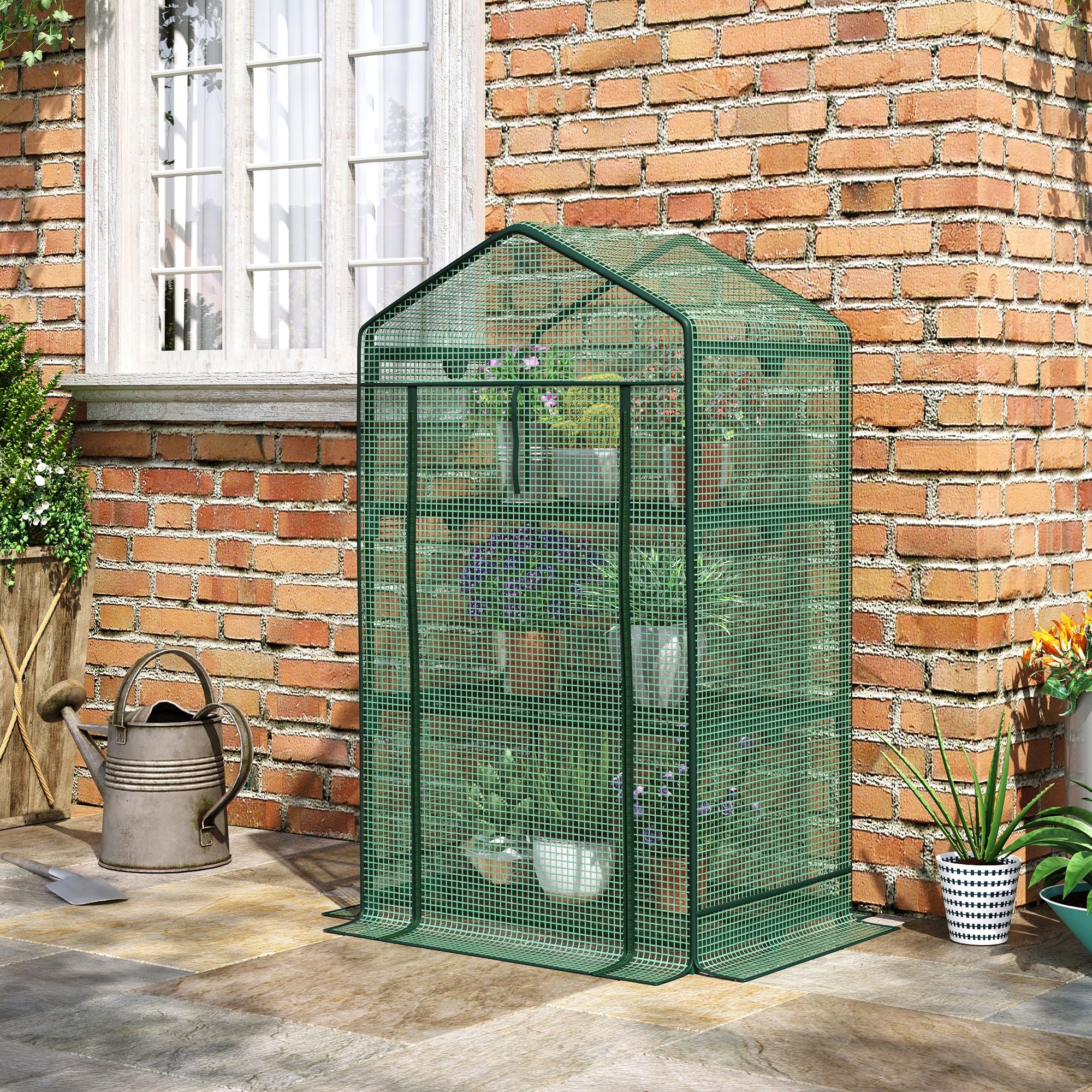 Mini Greenhouse Propagation Greenhouse with Film Cover and 3 Shelf Racks Roll-up Door Vegetable Bed