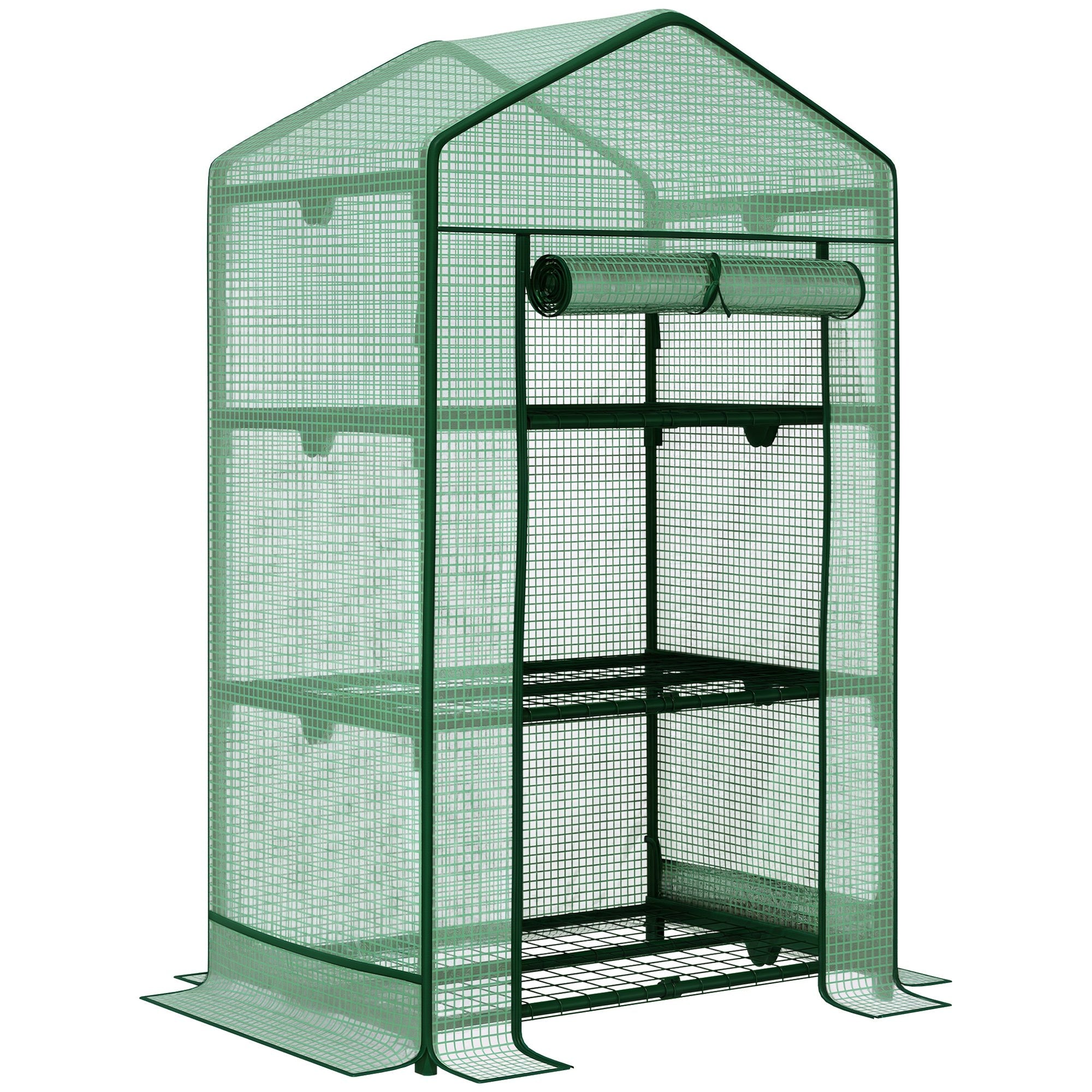 Mini Greenhouse Propagation Greenhouse with Film Cover and 3 Shelf Racks Roll-up Door Vegetable Bed