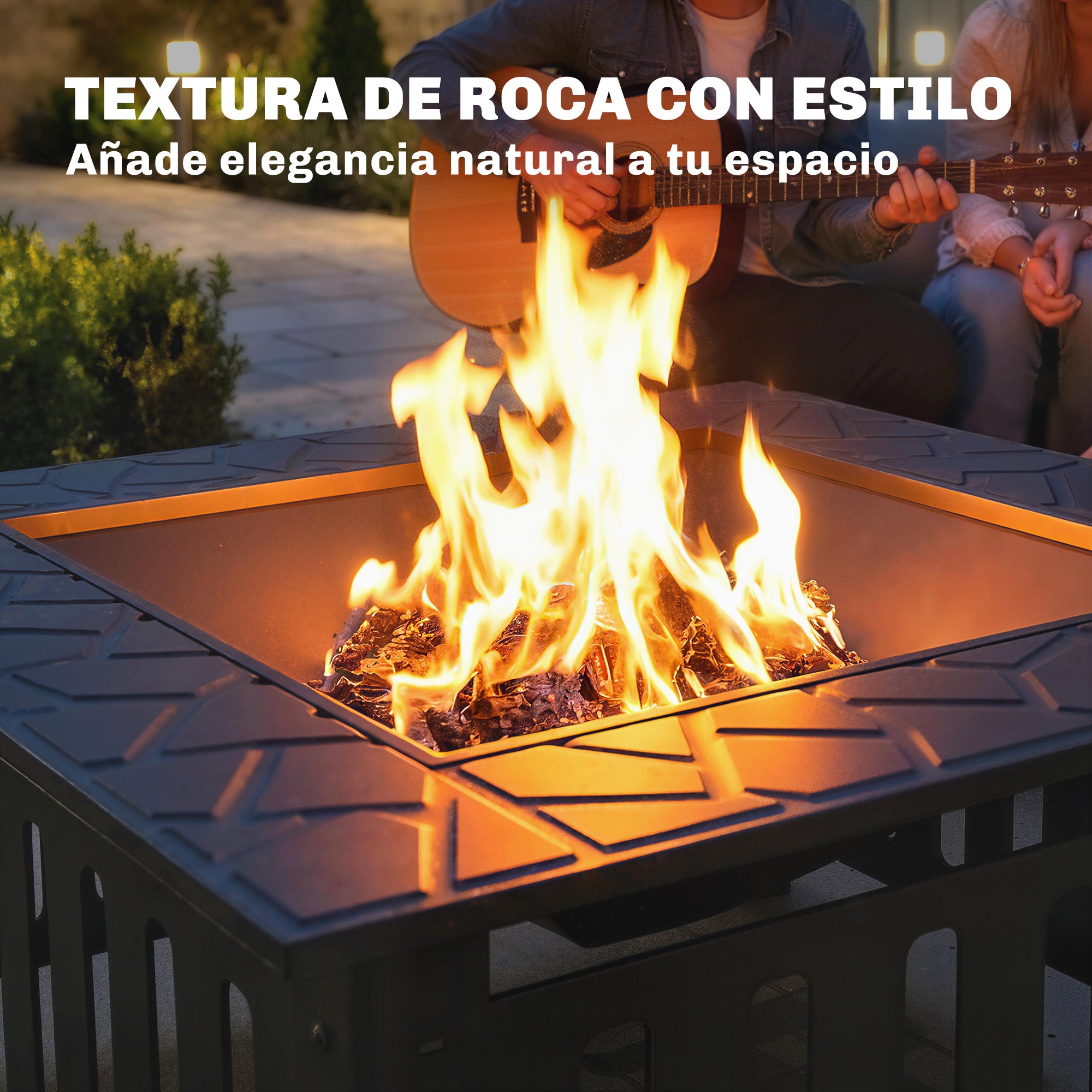 Square Steel Outdoor Fire Pit, 26.4 x 26.4 x 18.5 in, Patio Fire Pit with Poker & Mesh Cover, Black
