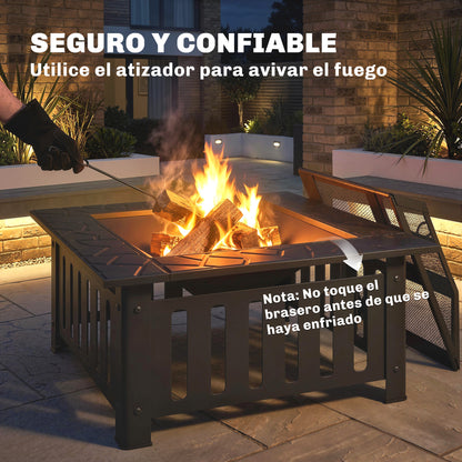 Square Steel Outdoor Fire Pit, 26.4 x 26.4 x 18.5 in, Patio Fire Pit with Poker & Mesh Cover, Black