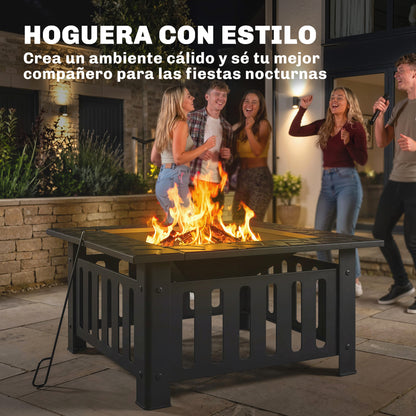 Square Steel Outdoor Fire Pit, 26.4 x 26.4 x 18.5 in, Patio Fire Pit with Poker & Mesh Cover, Black