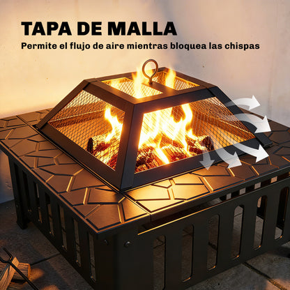 Square Steel Outdoor Fire Pit, 26.4 x 26.4 x 18.5 in, Patio Fire Pit with Poker & Mesh Cover, Black