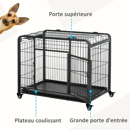 Foldable Dog Cage Transport Cage on Wheels 2 Lockable Doors Removable Tray 94L x 58W x 69.5H cm Metal Gray Black