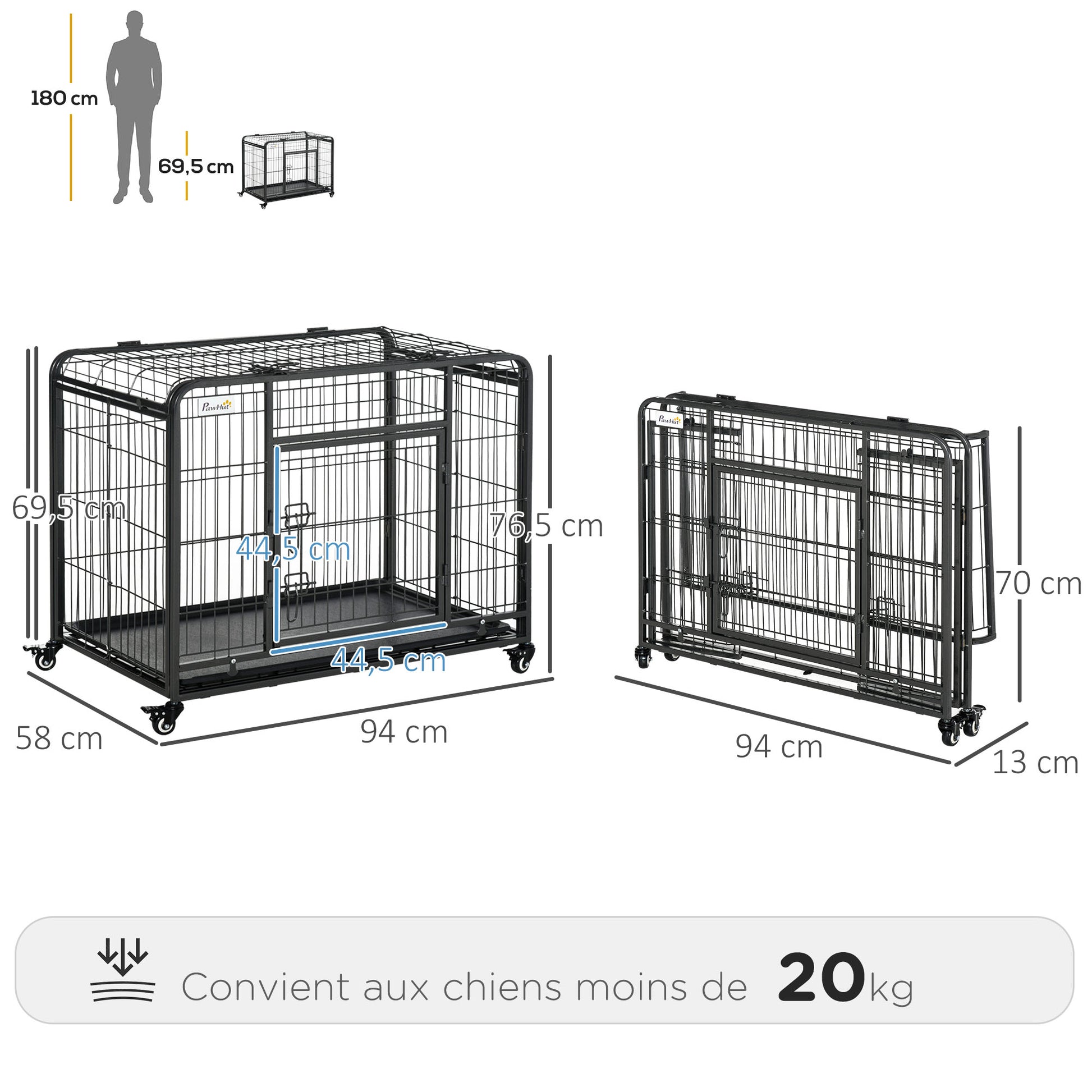 Foldable Dog Cage Transport Cage on Wheels 2 Lockable Doors Removable Tray 94L x 58W x 69.5H cm Metal Gray Black