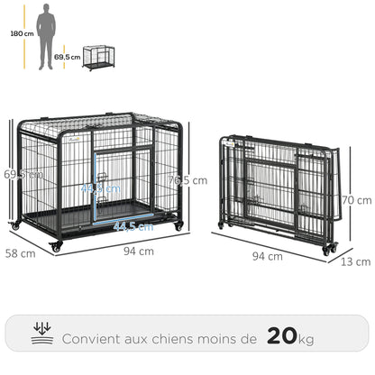 Foldable Dog Cage Transport Cage on Wheels 2 Lockable Doors Removable Tray 94L x 58W x 69.5H cm Metal Gray Black