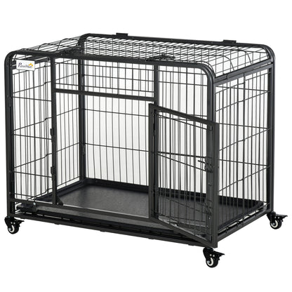 Foldable Dog Cage Transport Cage on Wheels 2 Lockable Doors Removable Tray 94L x 58W x 69.5H cm Metal Gray Black