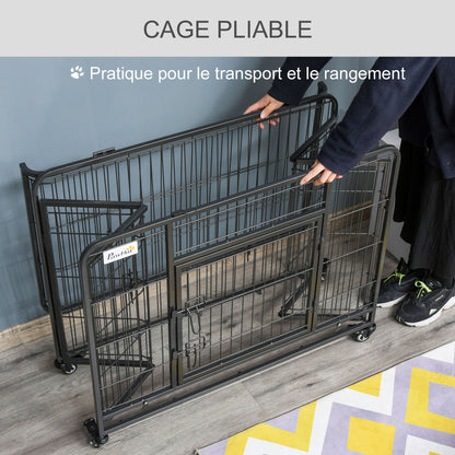 Foldable Dog Cage Transport Cage on Wheels 2 Lockable Doors Removable Tray 94L x 58W x 69.5H cm Metal Gray Black