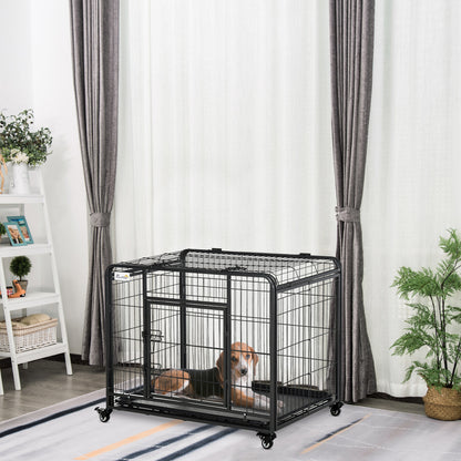 Foldable Dog Cage Transport Cage on Wheels 2 Lockable Doors Removable Tray 94L x 58W x 69.5H cm Metal Gray Black
