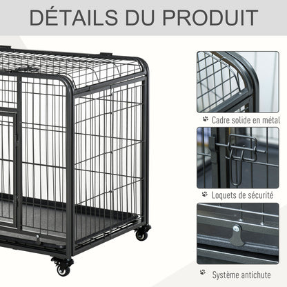 Foldable Dog Cage Transport Cage on Wheels 2 Lockable Doors Removable Tray 94L x 58W x 69.5H cm Metal Gray Black