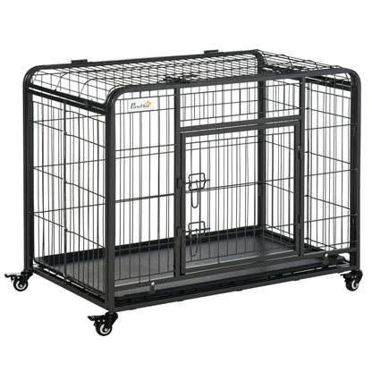 Foldable Dog Cage Transport Cage on Wheels 2 Lockable Doors Removable Tray 94L x 58W x 69.5H cm Metal Gray Black