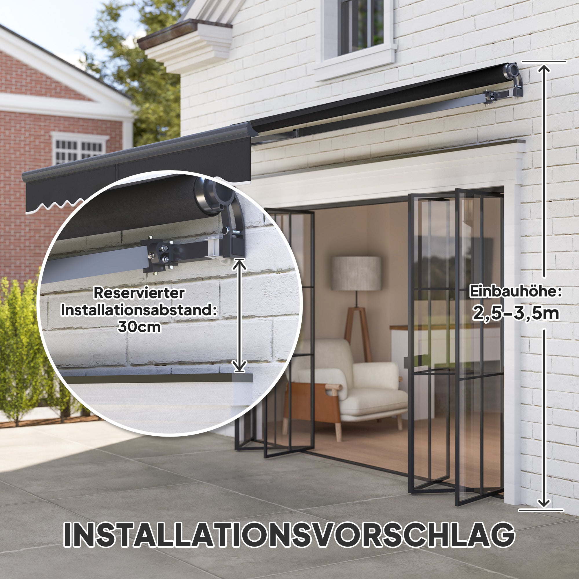 Retractable Arm Awning with Electric Crank Height Adjustable Awning Sun Protection UV 30+ Balcony Awning incl. Wall Mount Sun Awning 300cm wide for Terrace Balcony Dark Grey