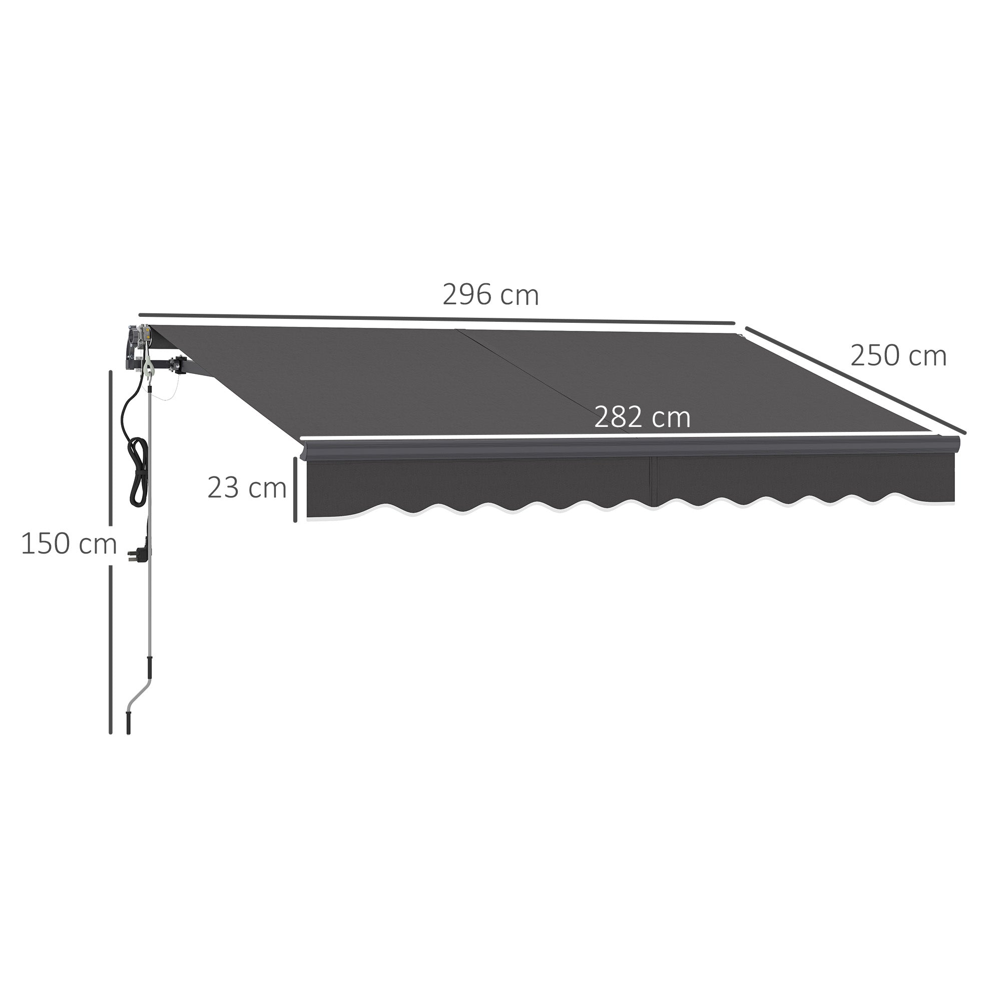 Retractable Arm Awning with Electric Crank Height Adjustable Awning Sun Protection UV 30+ Balcony Awning incl. Wall Mount Sun Awning 300cm wide for Terrace Balcony Dark Grey