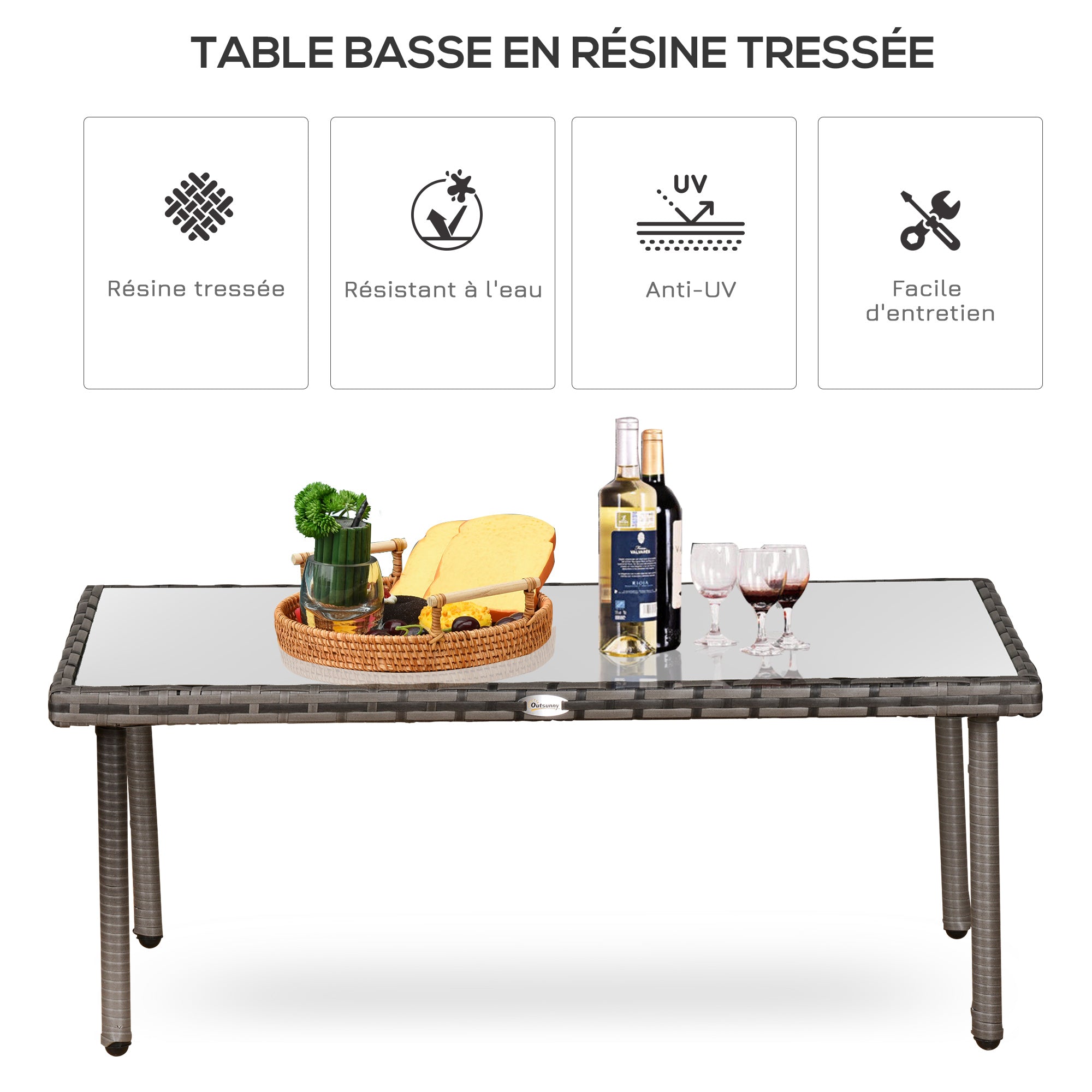 Garden Coffee Table 5mm Tempered Glass Top Resin Wicker Imitation Rattan Gray