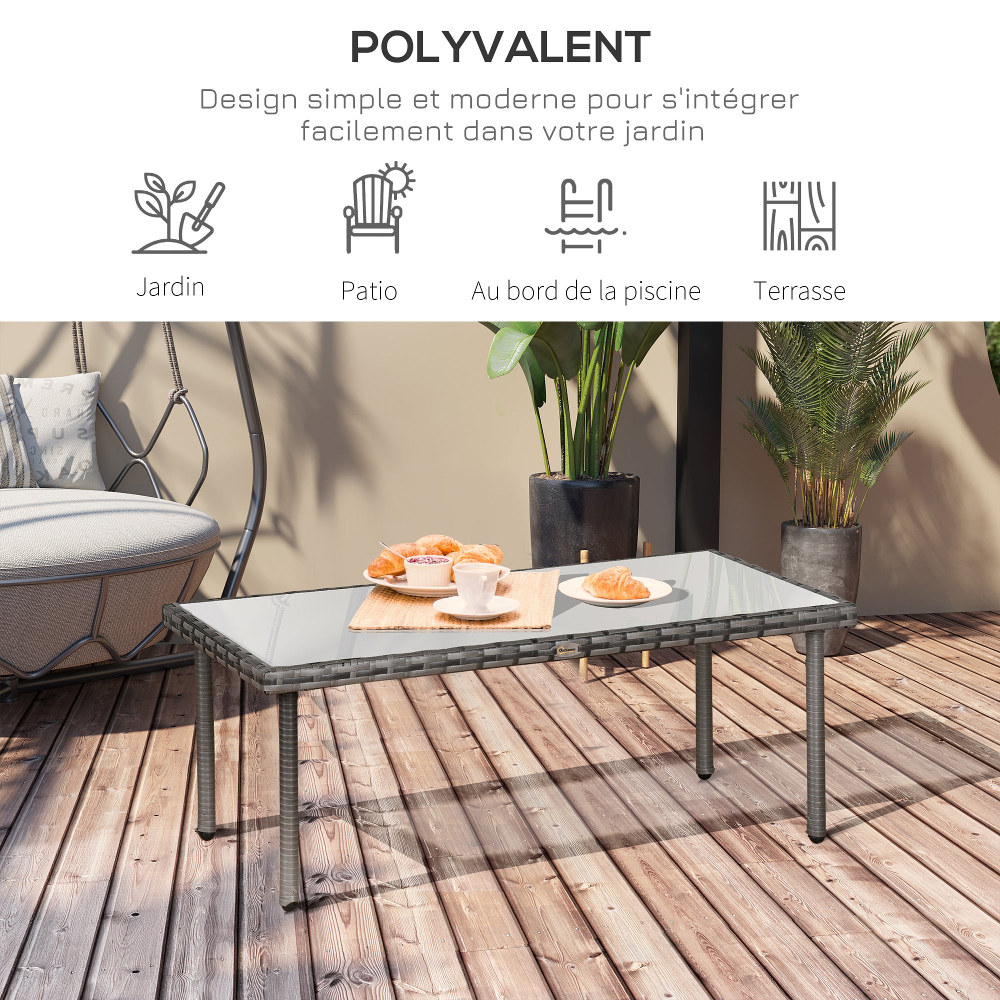 Garden Coffee Table 5mm Tempered Glass Top Resin Wicker Imitation Rattan Gray
