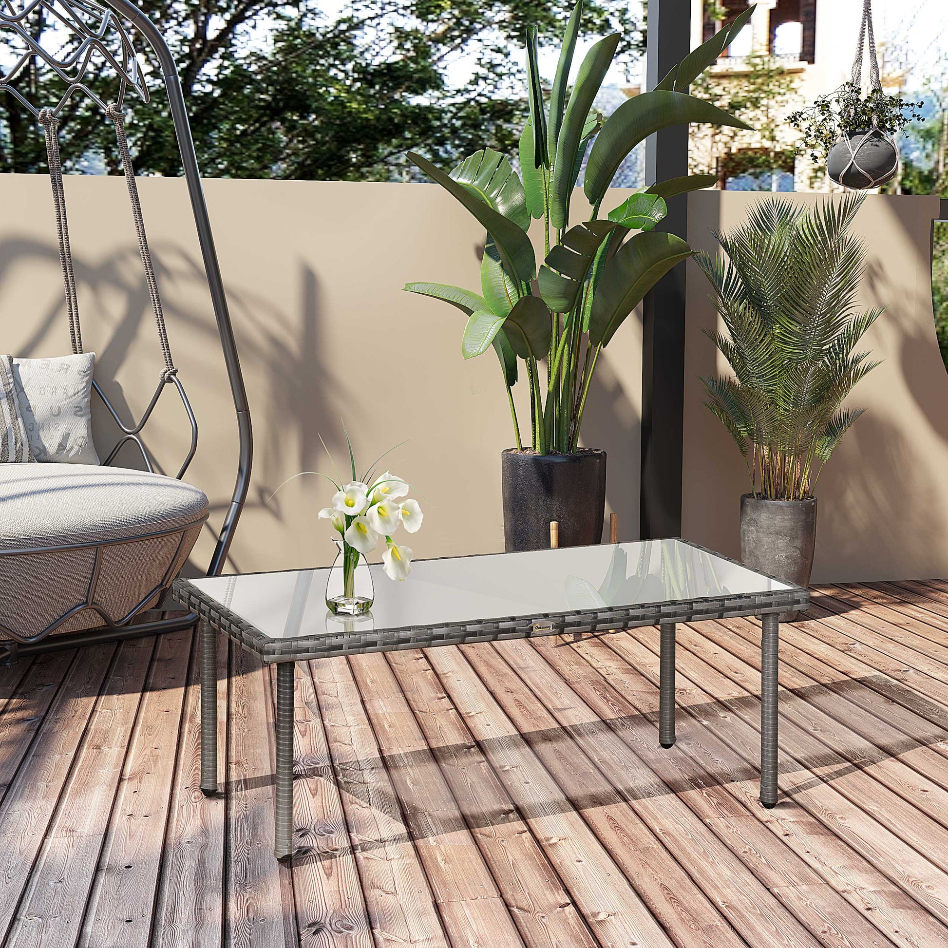 Garden Coffee Table 5mm Tempered Glass Top Resin Wicker Imitation Rattan Gray