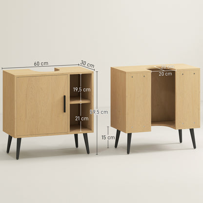 Bathroom Under Sink Cabinet, Industrial Vanity Unit with Soft-Closing Door and Adjustable Shelf, 60 x 30 x 59.5 cm, Oak