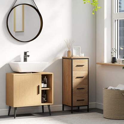 Bathroom Under Sink Cabinet, Industrial Vanity Unit with Soft-Closing Door and Adjustable Shelf, 60 x 30 x 59.5 cm, Oak