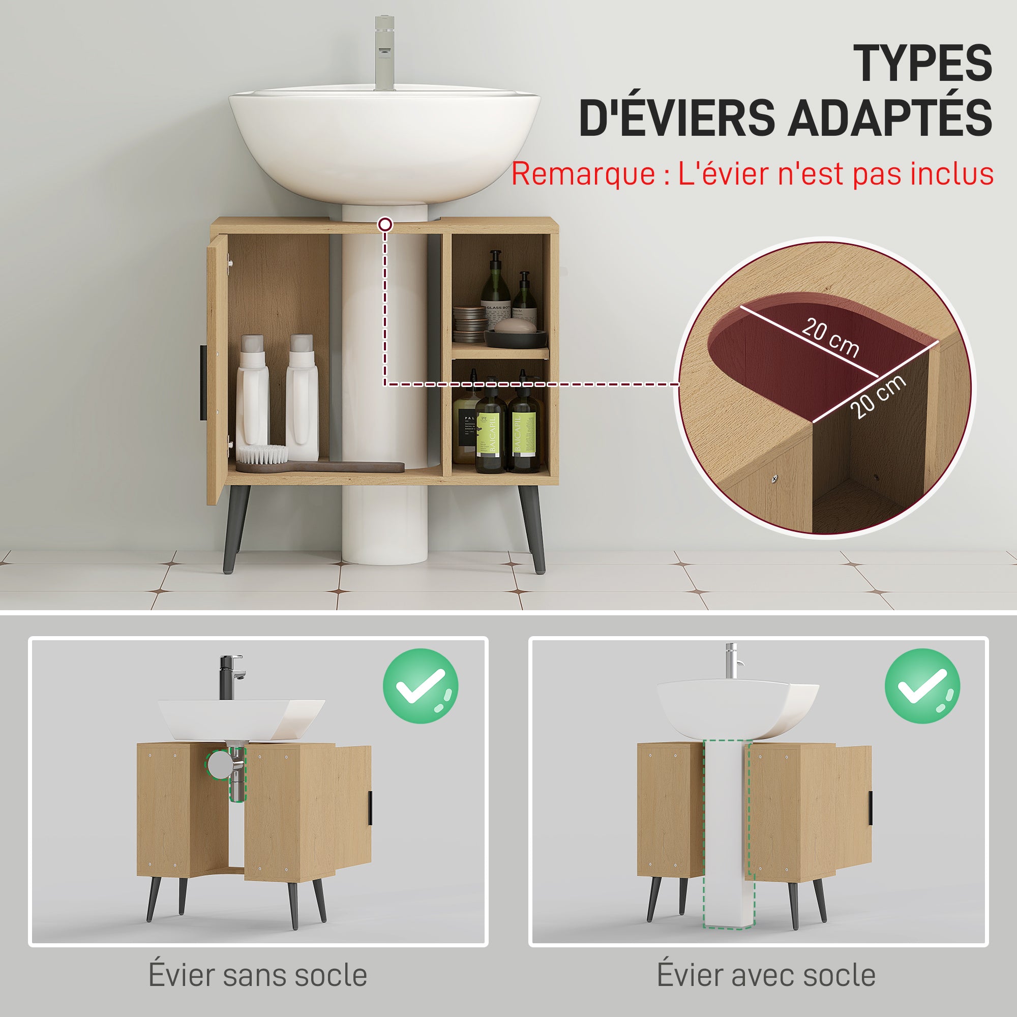 Bathroom Under Sink Cabinet, Industrial Vanity Unit with Soft-Closing Door and Adjustable Shelf, 60 x 30 x 59.5 cm, Oak