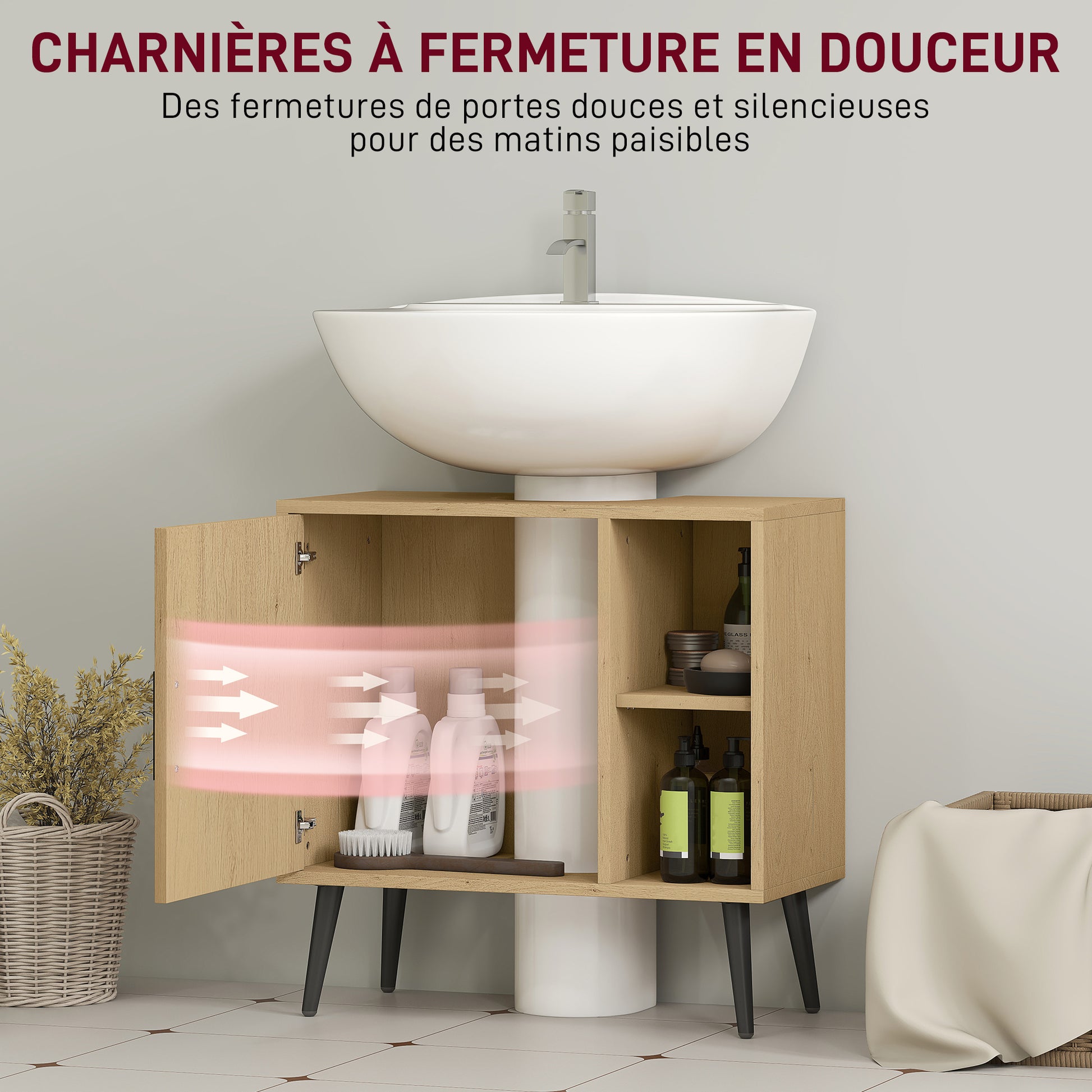 Bathroom Under Sink Cabinet, Industrial Vanity Unit with Soft-Closing Door and Adjustable Shelf, 60 x 30 x 59.5 cm, Oak