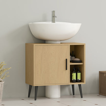 Bathroom Under Sink Cabinet, Industrial Vanity Unit with Soft-Closing Door and Adjustable Shelf, 60 x 30 x 59.5 cm, Oak