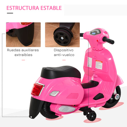 Electric Vespa Motorcycle for Kids 18-36 Months 6V Battery-Powered Bike with Headlight Horn and 4 Wheels Children's Motorcycle with License 66.5x38x52 cm Pink