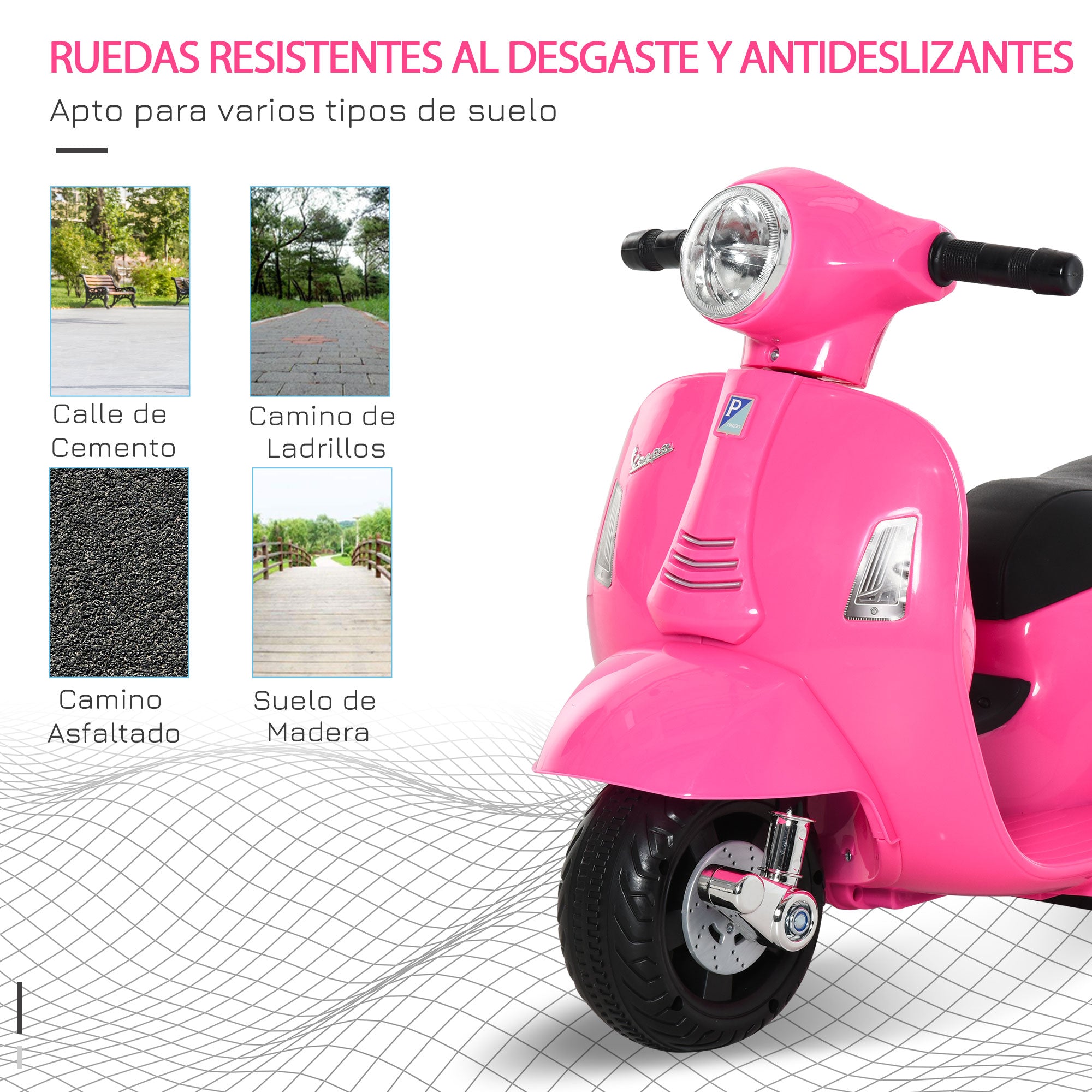 Electric Vespa Motorcycle for Kids 18-36 Months 6V Battery-Powered Bike with Headlight Horn and 4 Wheels Children's Motorcycle with License 66.5x38x52 cm Pink
