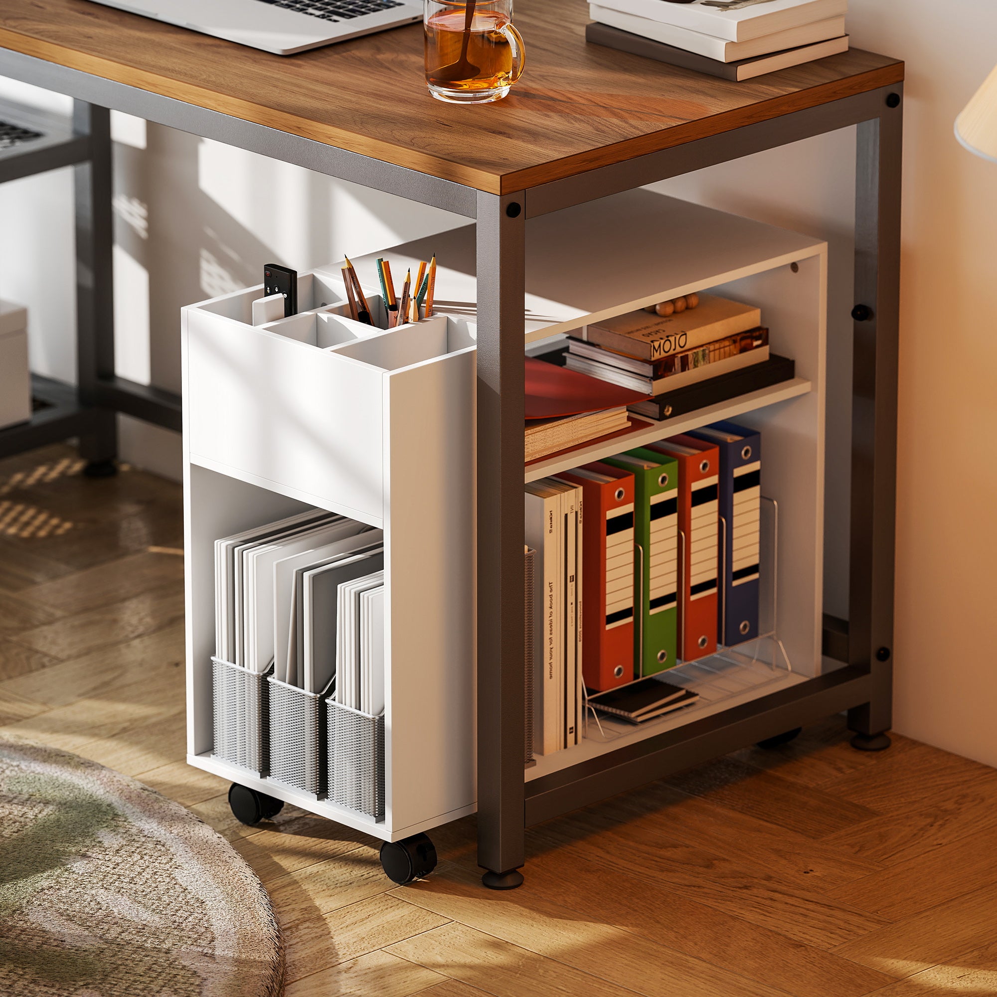 Printer Stand with Dividable Organizer, Shelves & Locking Wheels — Compact Office Cart for Printer, Fax & Scanner, 27.6 x 13.4 x 23.6 in, White