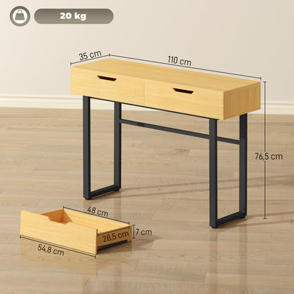Narrow Console Table with 2 Drawers, Industrial Metal Frame, Natural – 110 × 35 × 76.5 cm (43.3″ × 13.8″ × 30.1″)